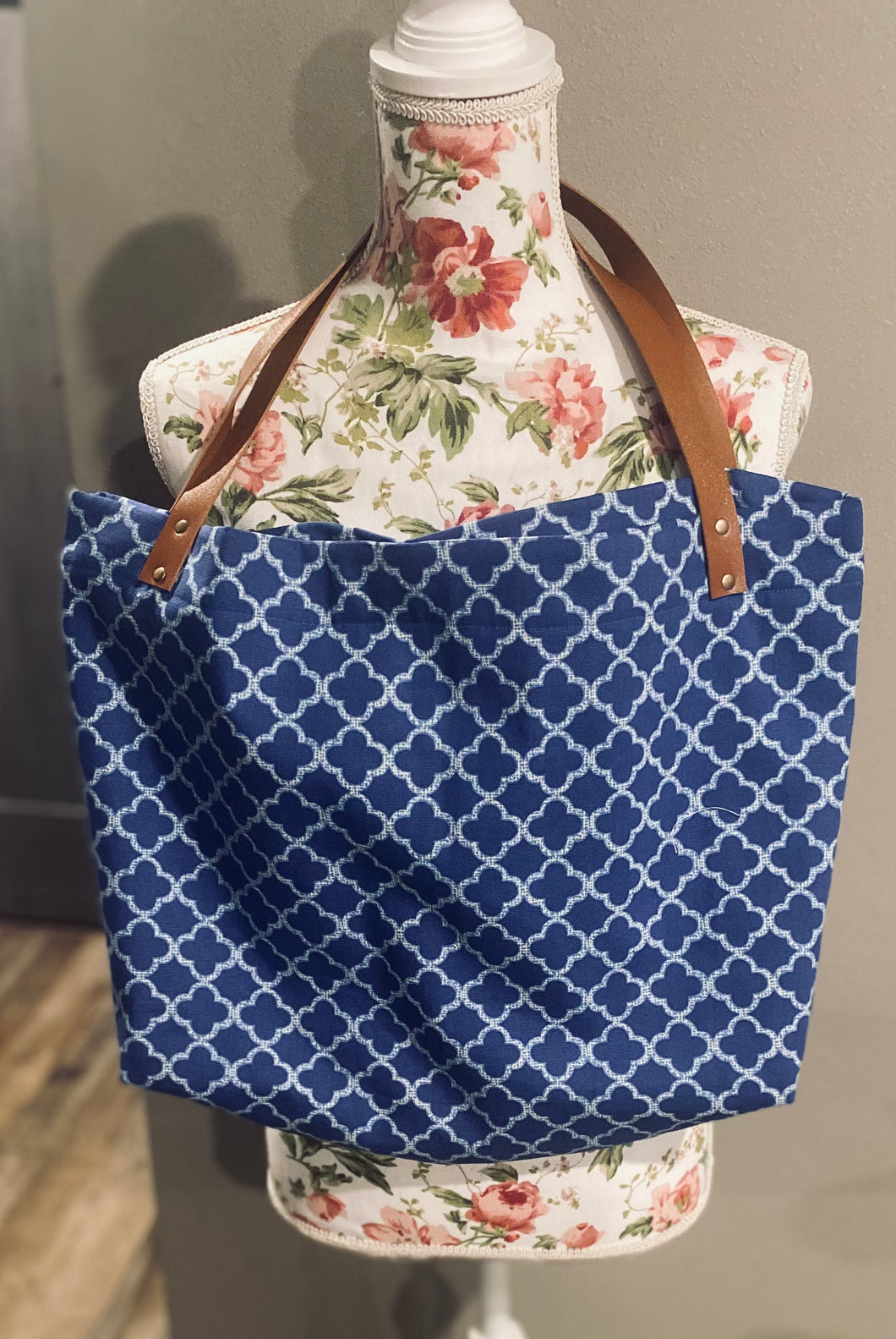 Large Blue & White Bag with Brown Straps