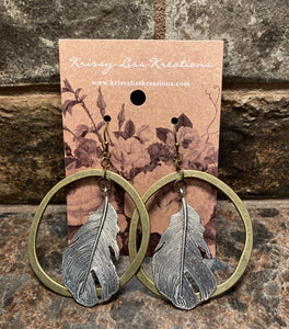 Brass Circle Silver Feather Earrings