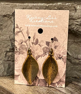 Small Brown Weathered Leather Leaf Earrings