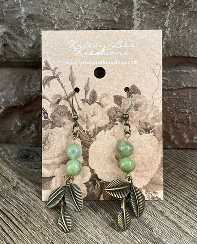 Green Bead and Leaf Earrings